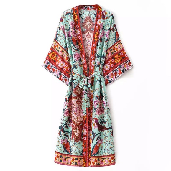 Colorful Red Mint Peacock Floral Bohemian Boho Duster Wrap Kimono Coverup Robe - Picture 7 of 11